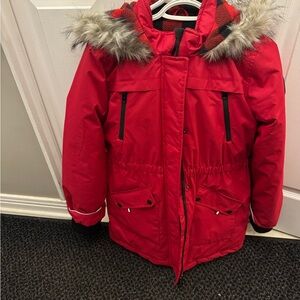 Canadiana Red Faux Fur Trim Hooded Parka Jacket